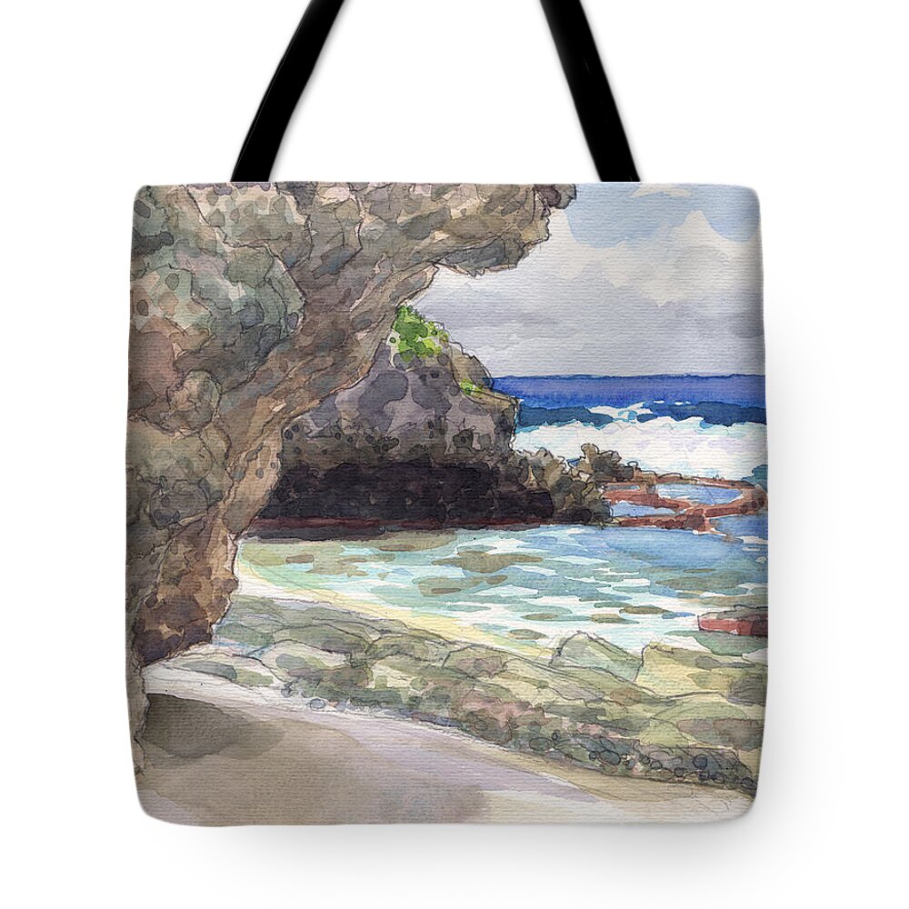 Atiu Tote Bag featuring the painting Atiu, Tumai Beach by Judith Kunzle