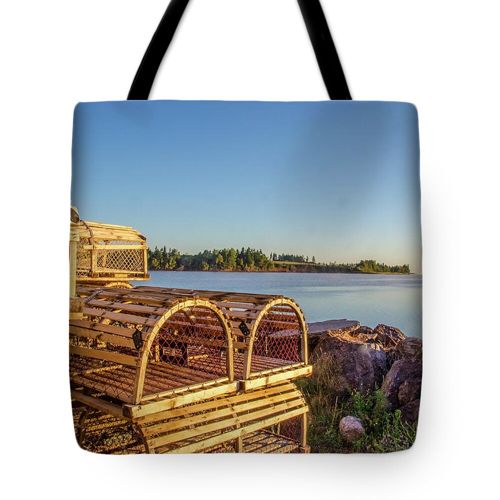 Lobster Tote Bag featuring the photograph Atlantic Maritime Harborfront Scene by Douglas Wielfaert