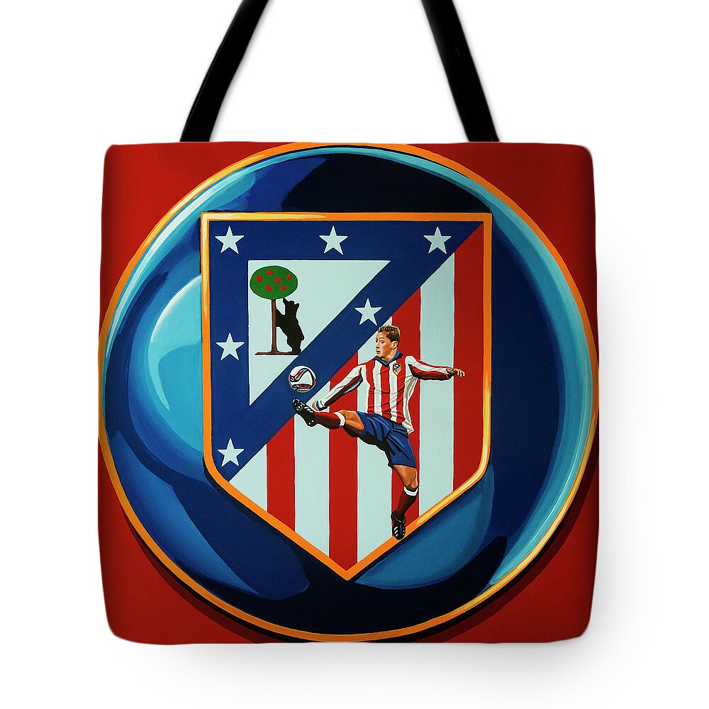 Atletico Madrid Tote Bag featuring the painting Atletico Madrid Painting by Paul Meijering