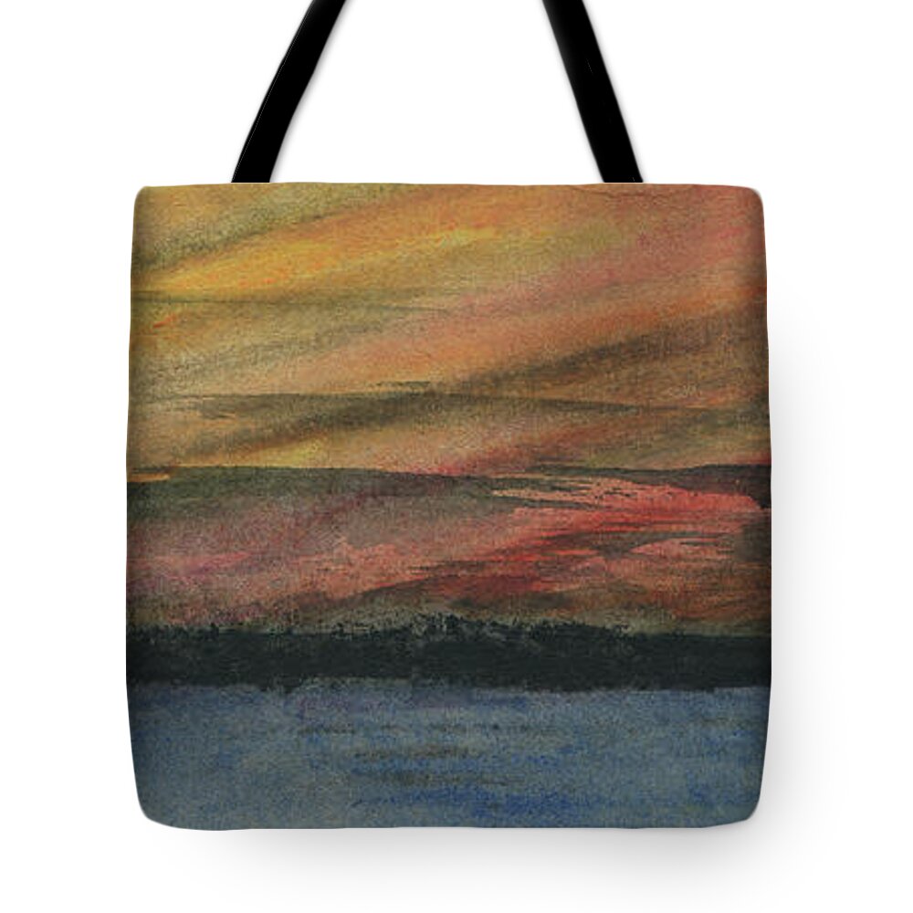 Wide Sunset Beautiful Horizon Panoramic Broad Light Sky Panorama Sunrise Glow Blue Sea View Red Ocean Seascape Water Lake Clouds Orange Seascapes Evening Dusk Dawn Space Outdoor Nobody Mist Golden Gold Glowing Waterscape Twilight Texture Skies Remote Pacific Night Moody Mood Dream Kyllo Decor Colorful Cloudscape Waves Tranquil Sundown Storm Relaxing Recycled Peaceful Overcast Limitless Infinite Endless Earth Early Decorative Dark Crimson Cloudy Atmospheric Atmosphere Tote Bag featuring the painting Atmospheric Dusk by R Kyllo