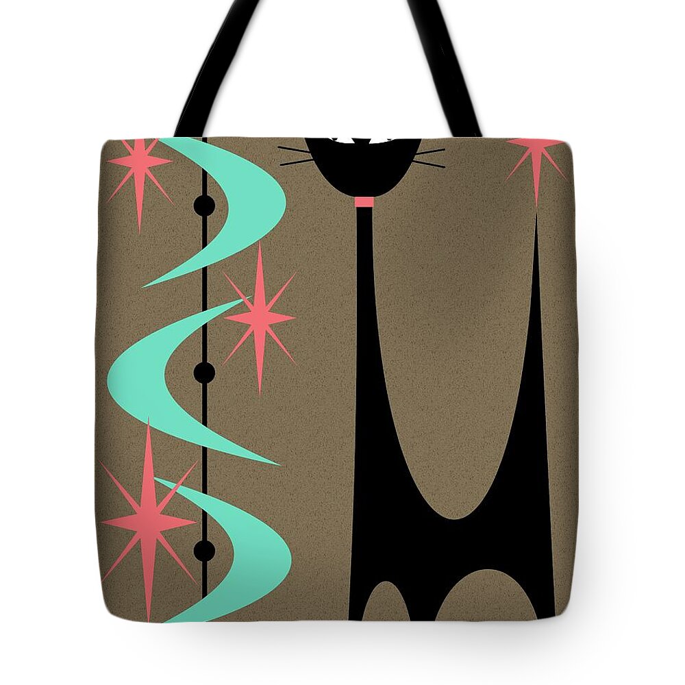 Mid Century Modern Tote Bag featuring the digital art Atomic Cat Aqua and Pink by Donna Mibus