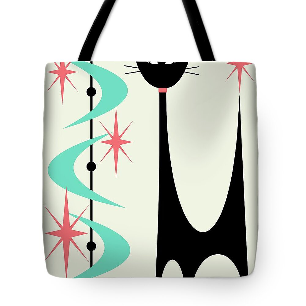 Mid Century Modern Tote Bag featuring the digital art Atomic Cat Aqua and Pink on Cream by Donna Mibus