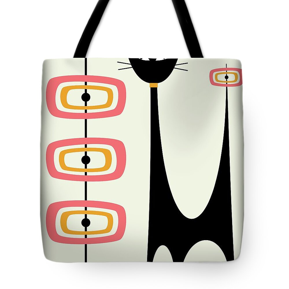 Mid Century Modern Tote Bag featuring the digital art Atomic Cat Orbs Pink and Gold on Cream by Donna Mibus