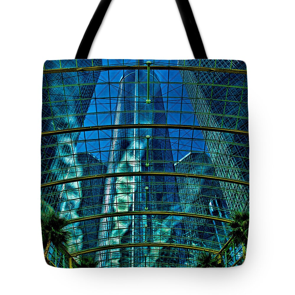 Hdr Tote Bag featuring the photograph Atrium GM Building Detroit by Chris Lord