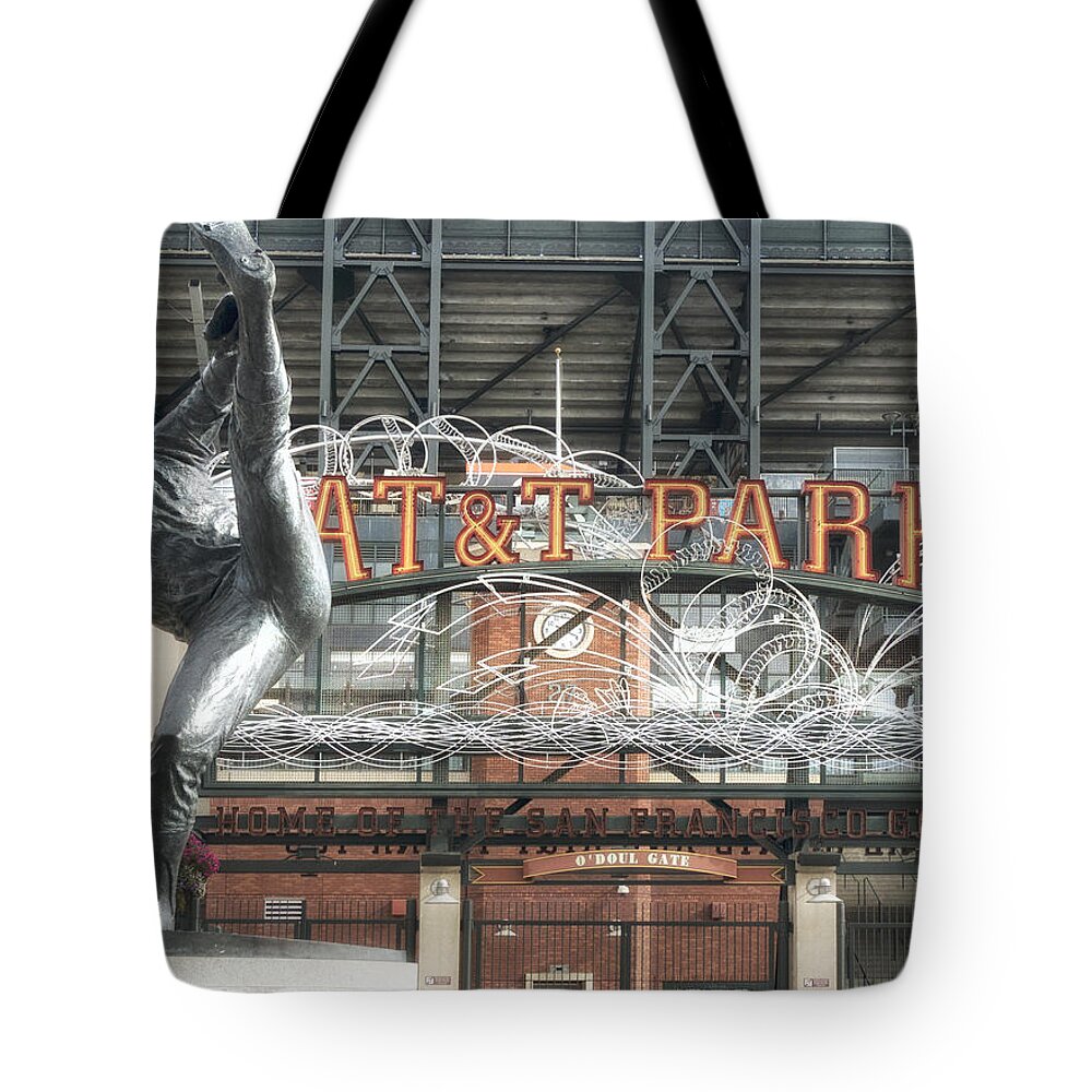 Sf Giants Tote Bag featuring the photograph ATT Ballpark with Juan Marichal Statue by Jessica Levant