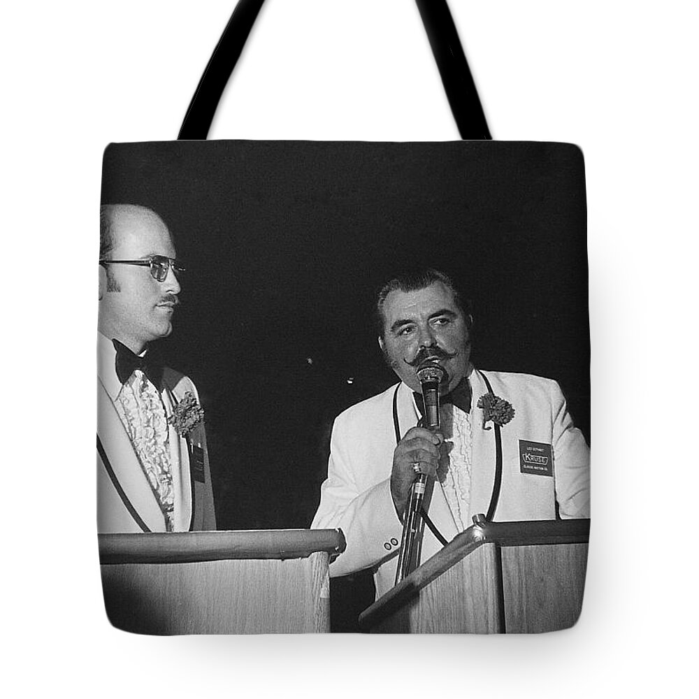 Auctioneer Dennis Kruse Leo Gephart Scottsdale Arizona Tote Bag featuring the photograph Auctioneer Dennis Kruse and Leo Gephart Scottsdale Arizona 1973-2016 by David Lee Guss