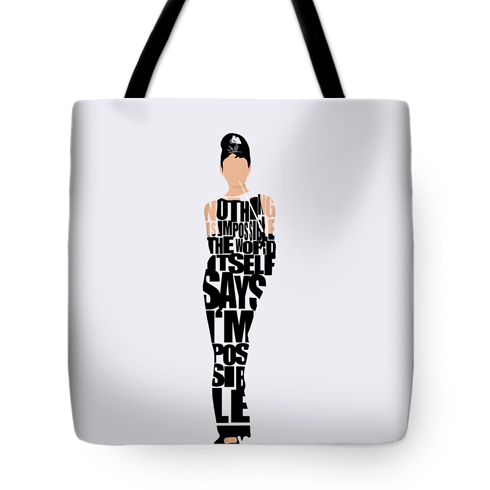 Audrey Hepburn Tote Bag featuring the digital art Audrey Hepburn Typography Poster by Inspirowl Design