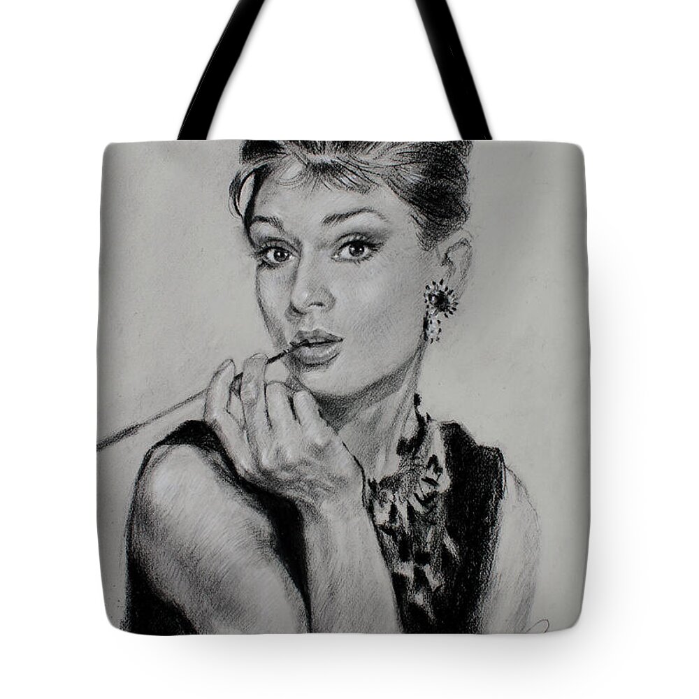 Audrey Hepburn Tote Bag featuring the drawing Audrey Hepburn by Ylli Haruni