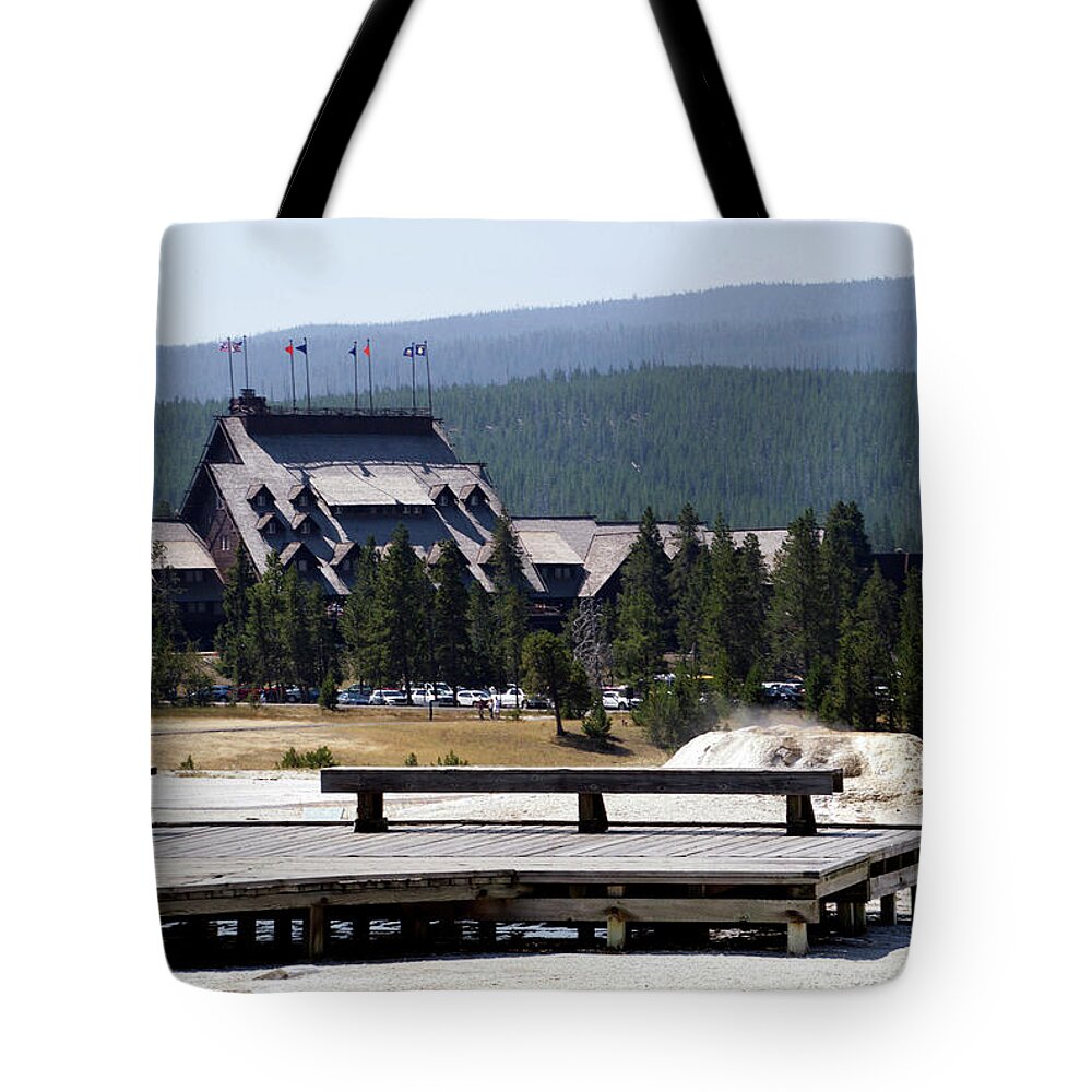 Old Faithful Tote Bag featuring the photograph August At Yellowstone Park Old Faithful Inn 02 by Thomas Woolworth