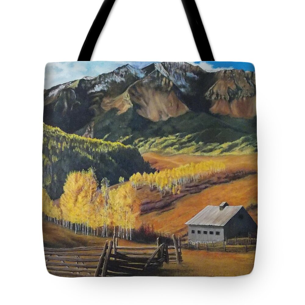Colorado Tote Bag featuring the painting Autumn Nostalgia Wilson Peak Colorado by Anastasia Savage Ealy