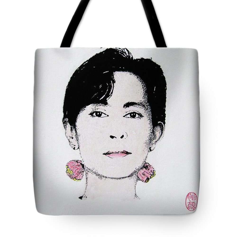 Figurative Tote Bag featuring the painting Aung San Suu Kyi by Thea Recuerdo