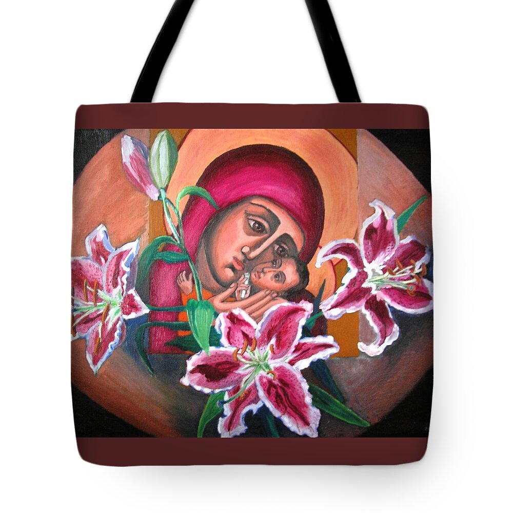Icon Tote Bag featuring the painting Aunt Katya's Icon by Vera Smith