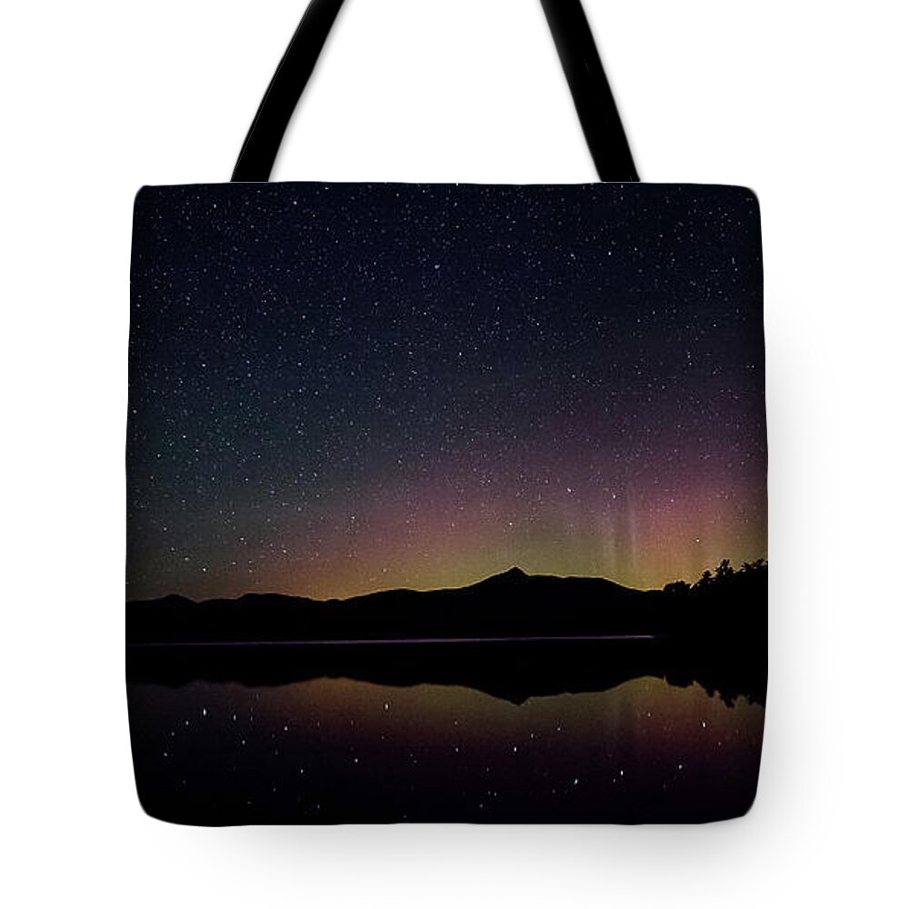 Northern Lights Tote Bag featuring the photograph Aurora Chocorua Lake by Benjamin Dahl