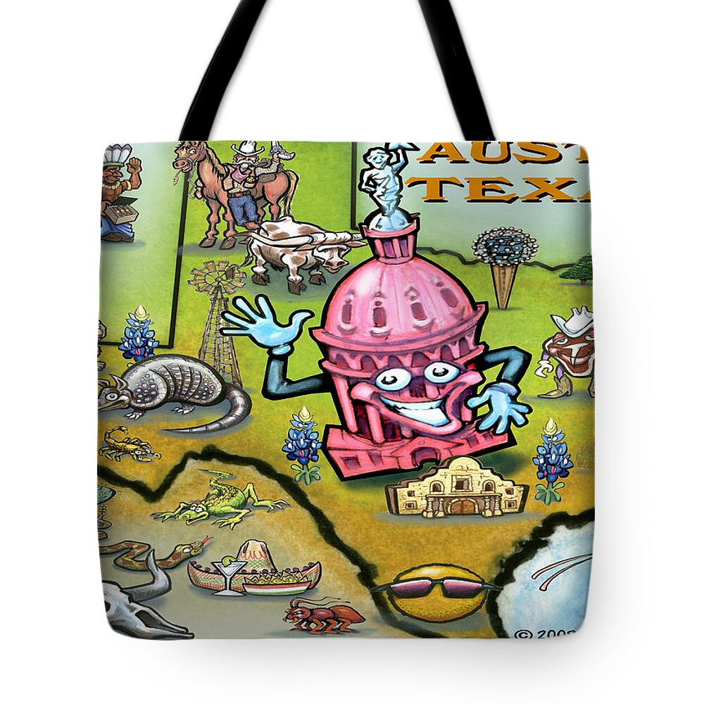 Austin Tote Bag featuring the digital art Austin Texas Cartoon Map by Kevin Middleton