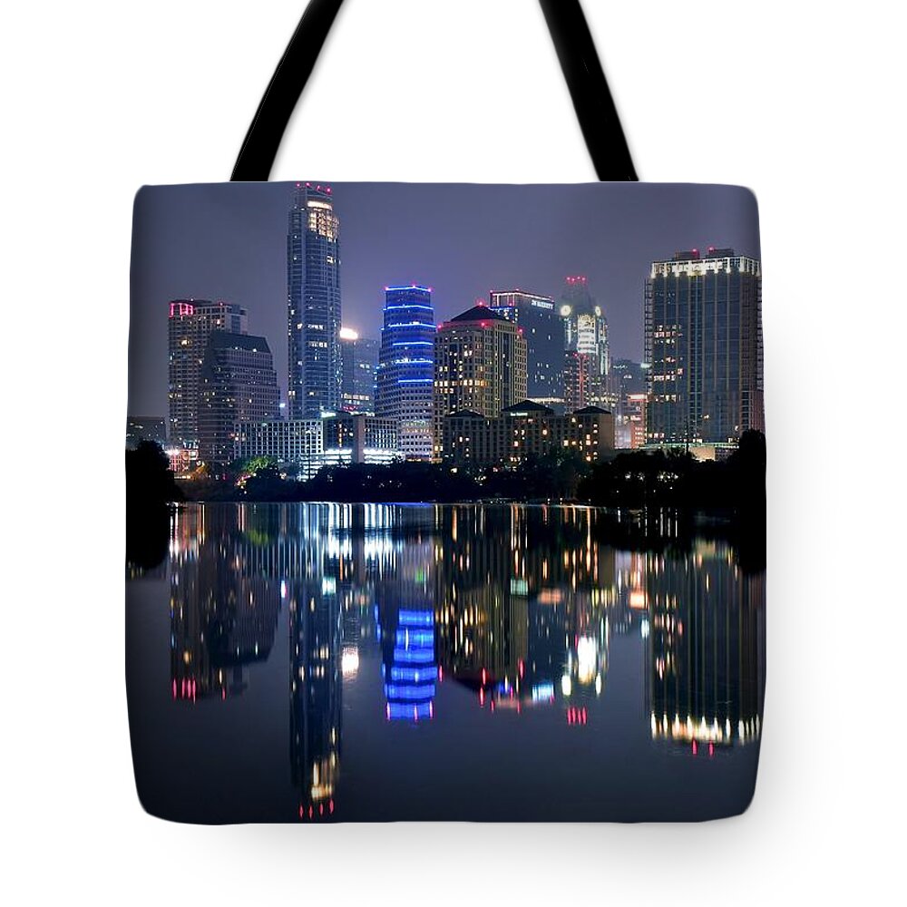 Austin Tote Bag featuring the photograph Austin Texas Mirror Image by Frozen in Time Fine Art Photography