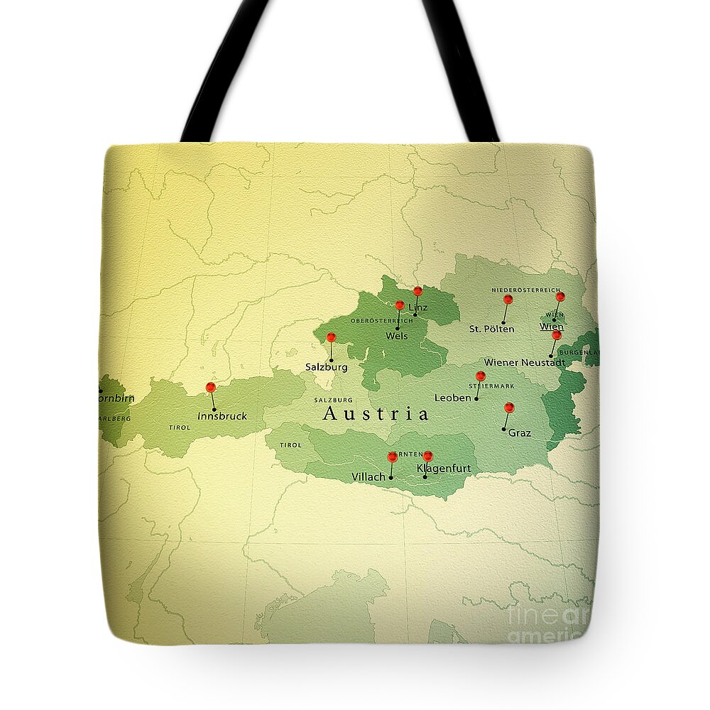 Cartography Tote Bag featuring the digital art Austria Map Square Cities Straight Pin Vintage by Frank Ramspott