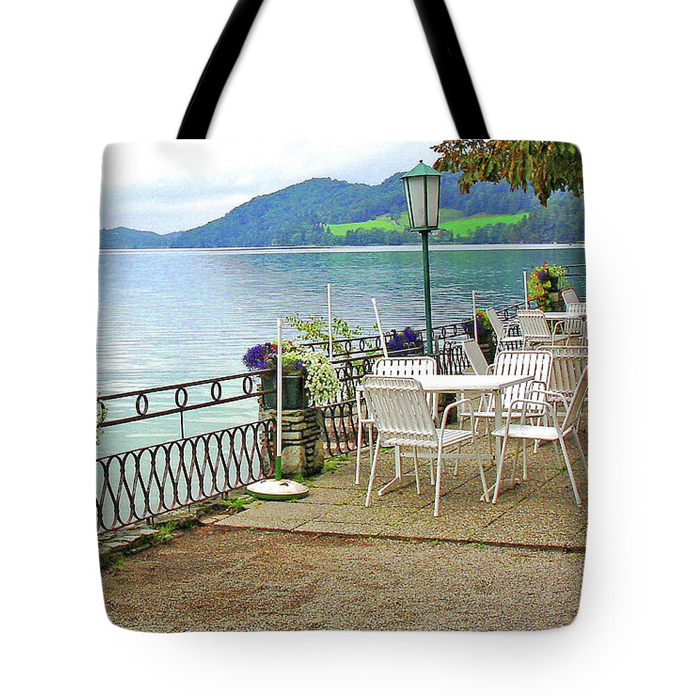 Fuschl Lake Tote Bag featuring the photograph Austrian Cafe on the Lake by Kathy Kelly