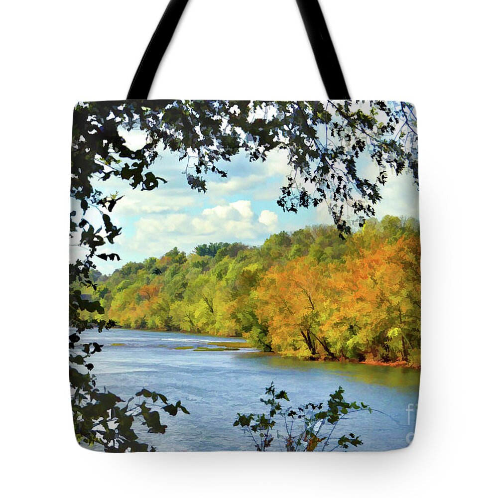 Autumn On The New River Tote Bag featuring the photograph Autumn Along The New River - Bisset Park - Radford Virginia by Kerri Farley