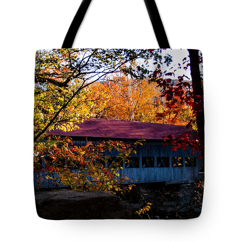 #jefffolger #vistaphotography Tote Bag featuring the photograph autumn arrives at the Albany covered bridge by Jeff Folger