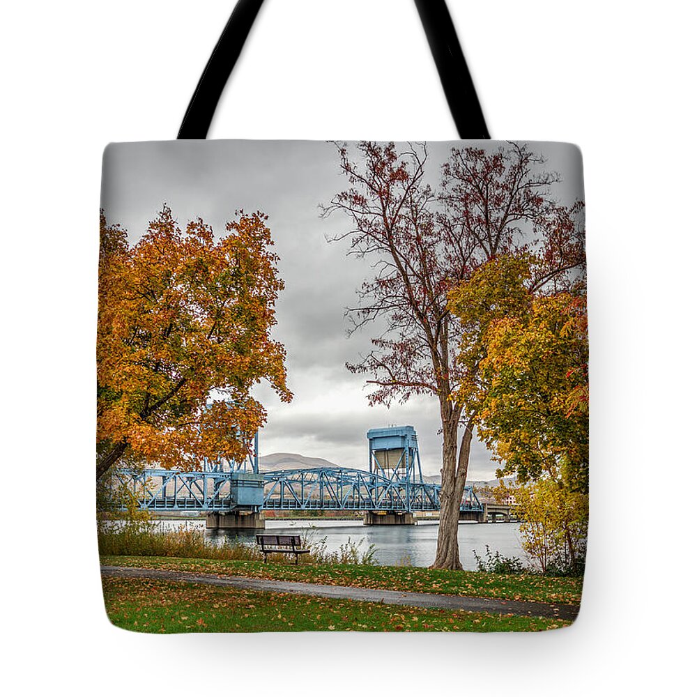 Lewiston Tote Bag featuring the photograph Autumn Blue Bridge by Brad Stinson