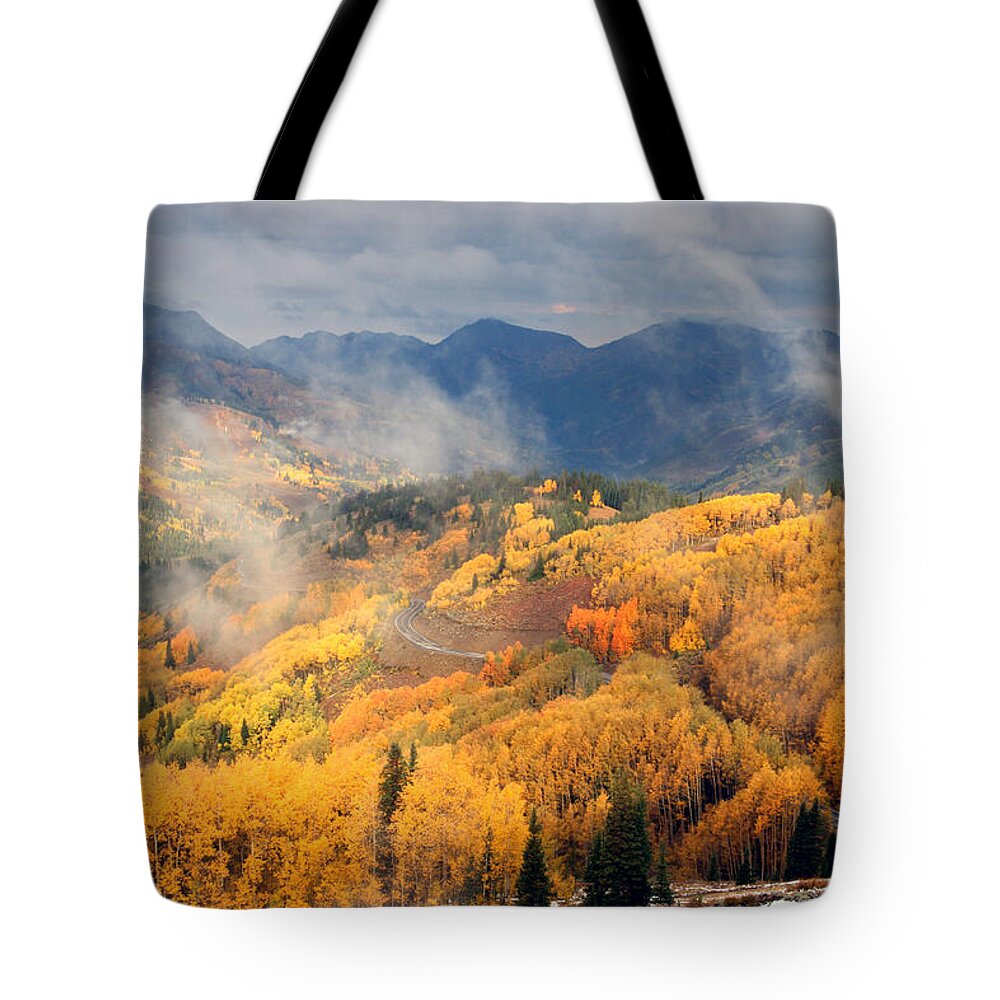 Landscape Tote Bag featuring the photograph Autumn Color and Fog by Brett Pelletier