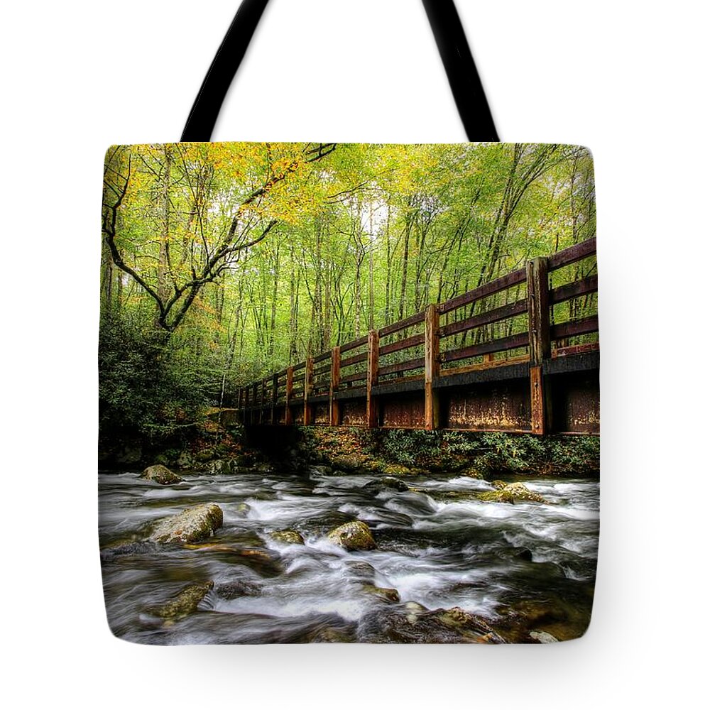 Kephart Prong Bridge Tote Bag featuring the photograph Autumn Color Begins On The Kephart Prong Bridge by Carol Montoya