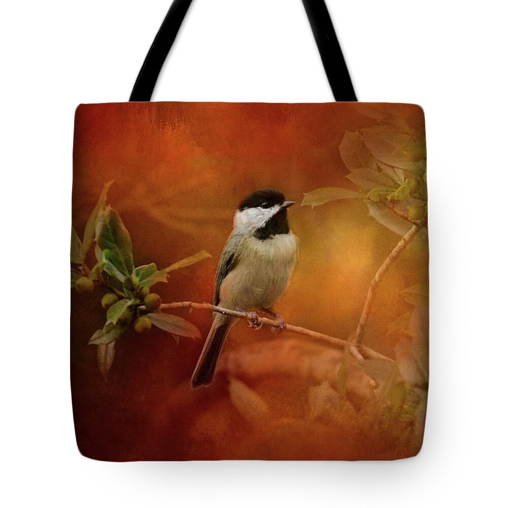 Jai Johnson Tote Bag featuring the photograph Autumn Day Chickadee Bird Art by Jai Johnson