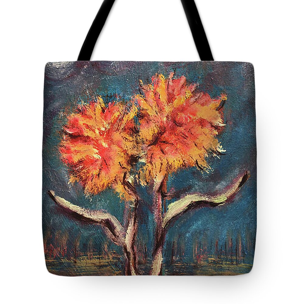 Autumn Feathered Petals Planted Vase Soft Clouds Two Flowers Original Art Oil Painting By Katt Yanda Tote Bag featuring the painting Autumn Feathered Petals by Katt Yanda