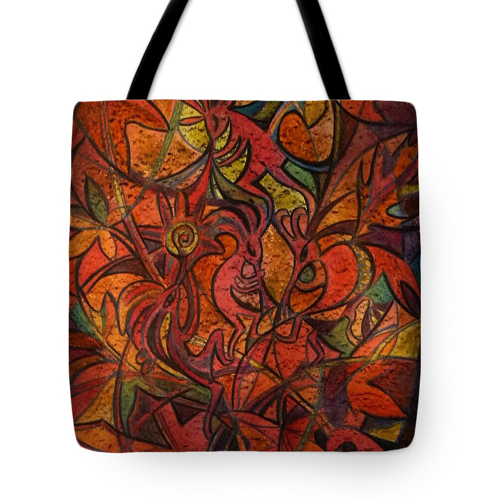 Kokopelli Tote Bag featuring the drawing Autumn Kokopelli by Anna Duyunova