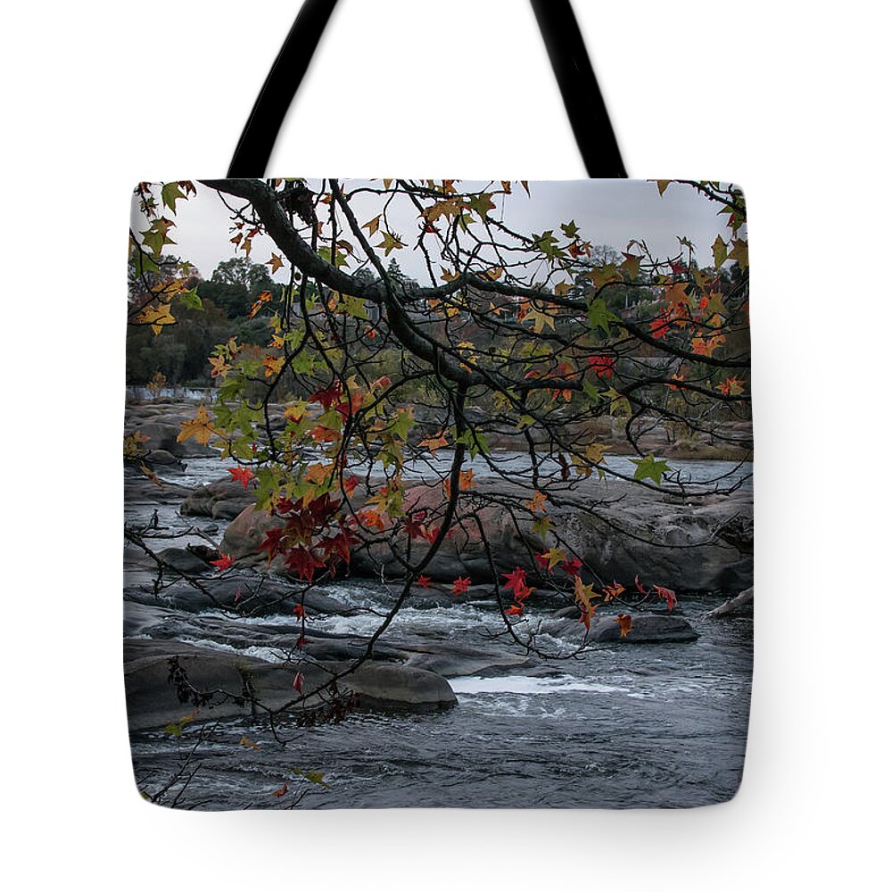 Fall Tote Bag featuring the photograph Autumn leaves frame the James River by Liz Albro