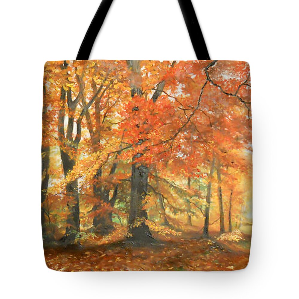 Autumn Tote Bag featuring the painting Autumn mirage by Sorin Apostolescu