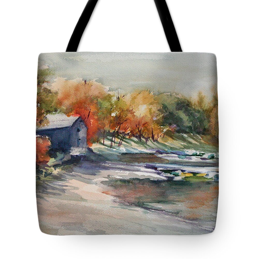 Autumn Morning At The Cove Tote Bag featuring the painting Autumn Morning at the Cove by B Rossitto