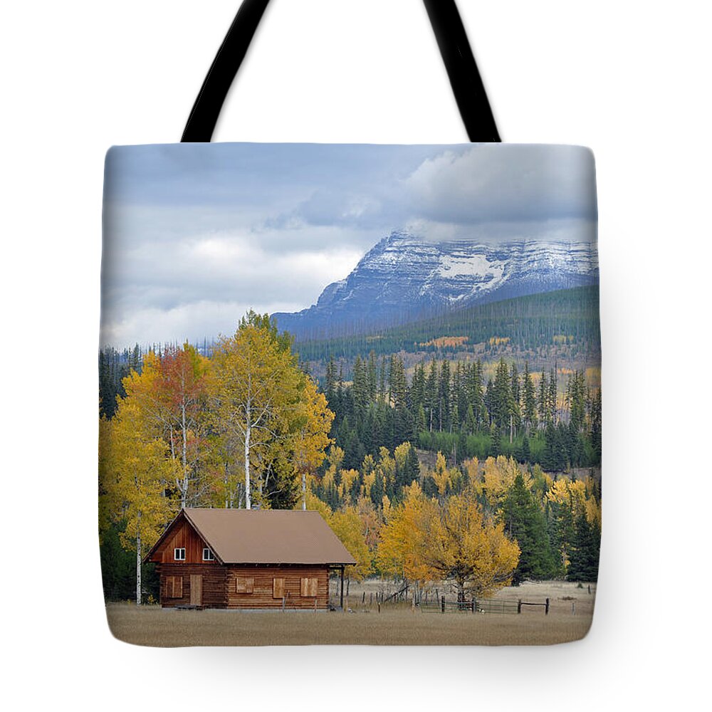 Glacier Tote Bag featuring the photograph Autumn Mountain Cabin in Glacier Park by Bruce Gourley