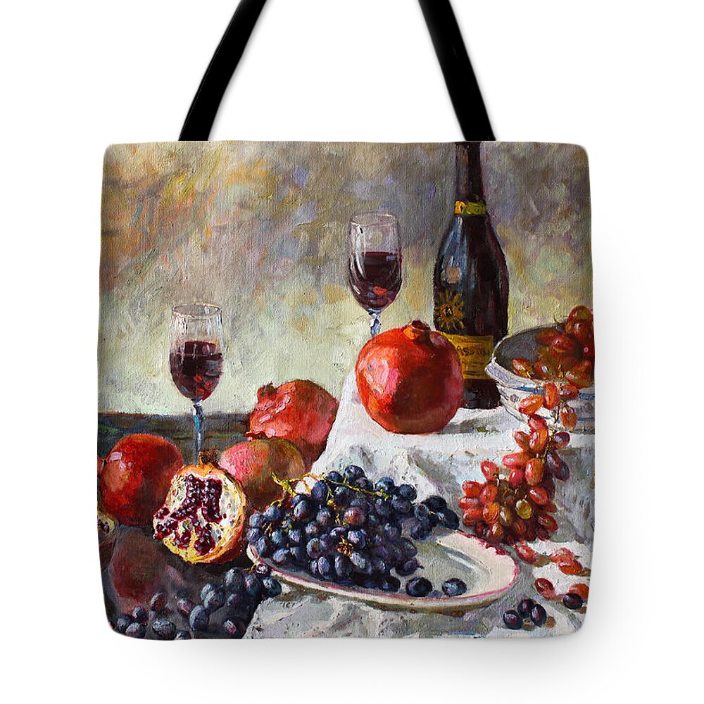 Still Life Tote Bag featuring the painting Autumn n' a Flower by Ylli Haruni