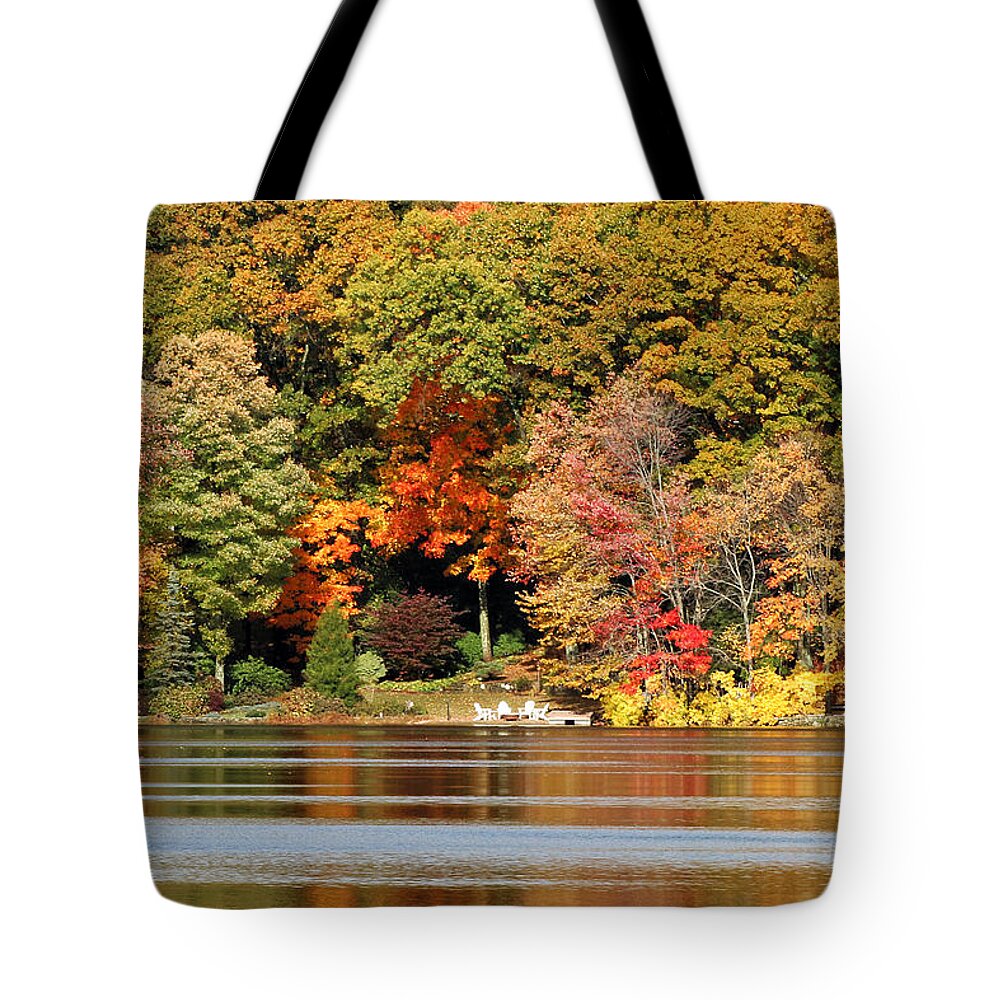 Fall Tote Bag featuring the photograph Autumn on Canoe Brook Lake by William Selander