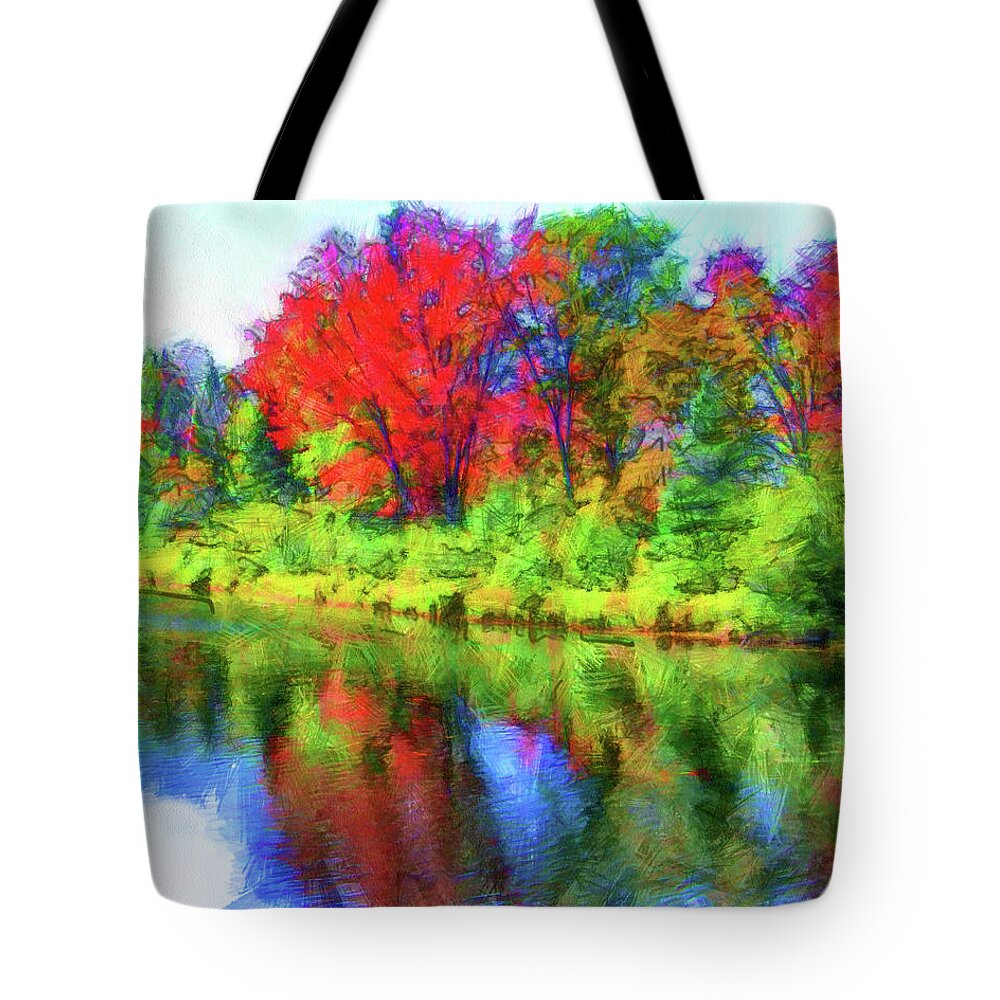 Dorset Ontario Tote Bag featuring the digital art Autumn Reflections by Leslie Montgomery