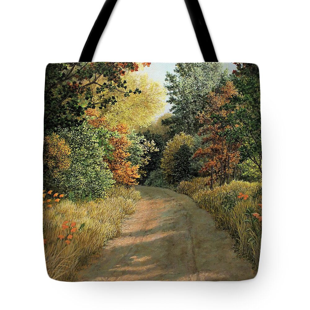 Autumn Scene Tote Bag featuring the painting Autumn Road by Marc Dmytryshyn