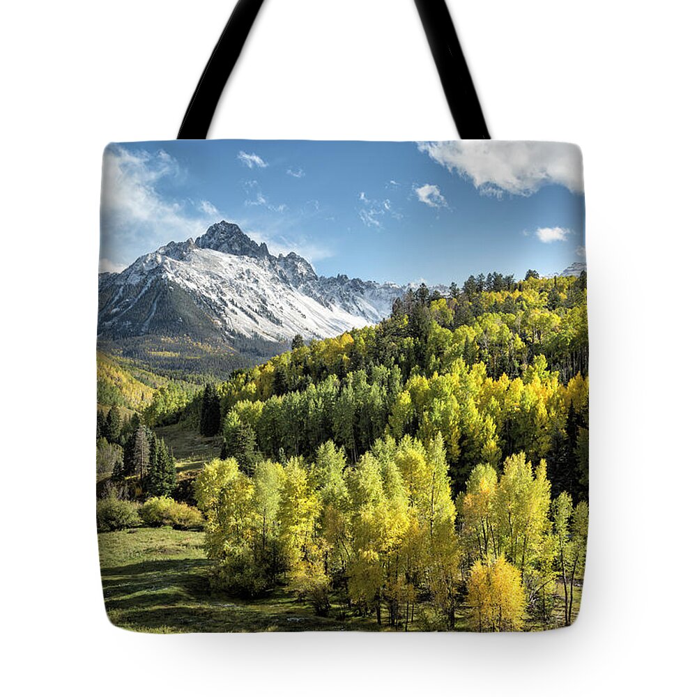Autumn Tote Bag featuring the photograph Autumn Snow On Sneffels by Denise Bush