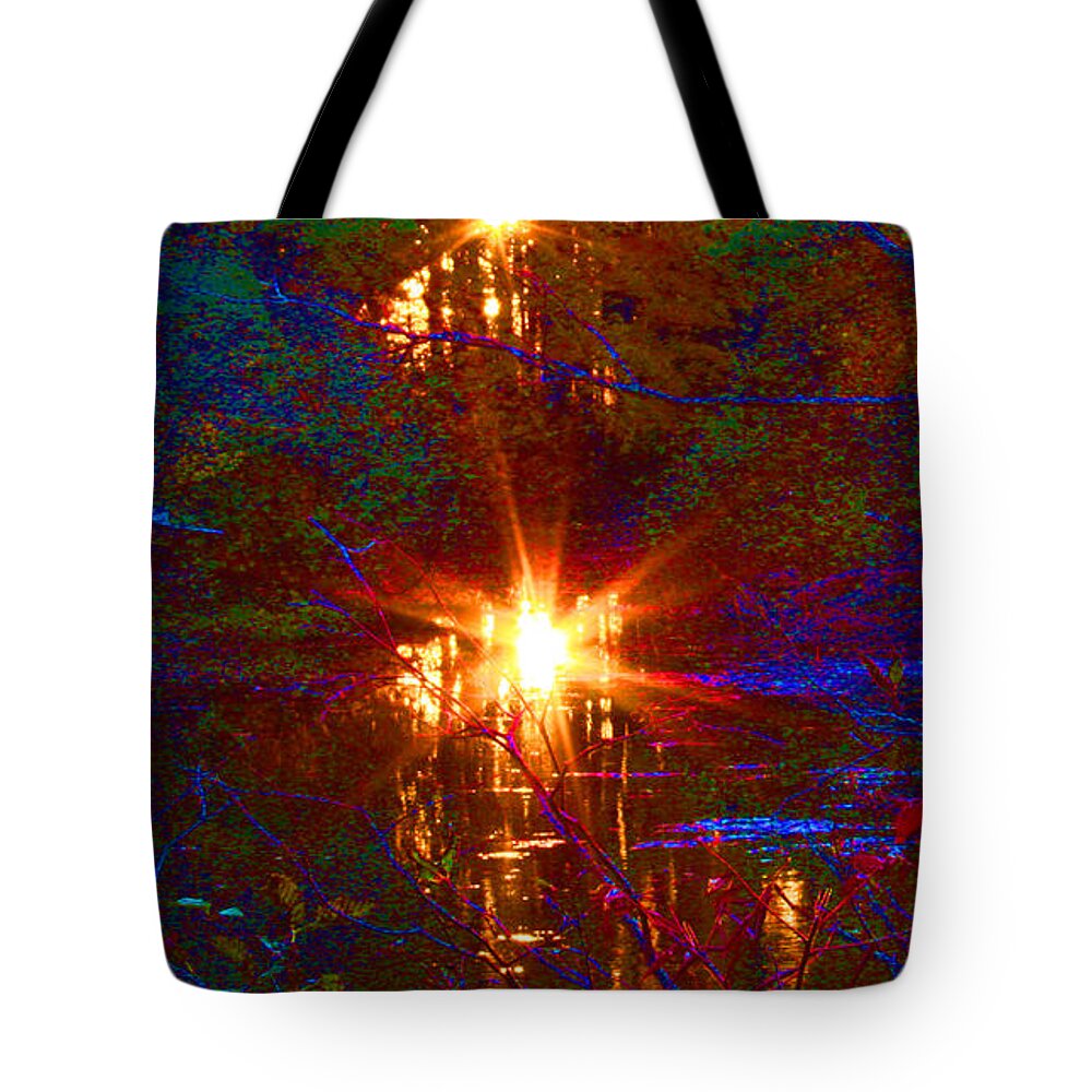Autumn Tote Bag featuring the painting Autumn Sunburst Reflections by Liz Evensen