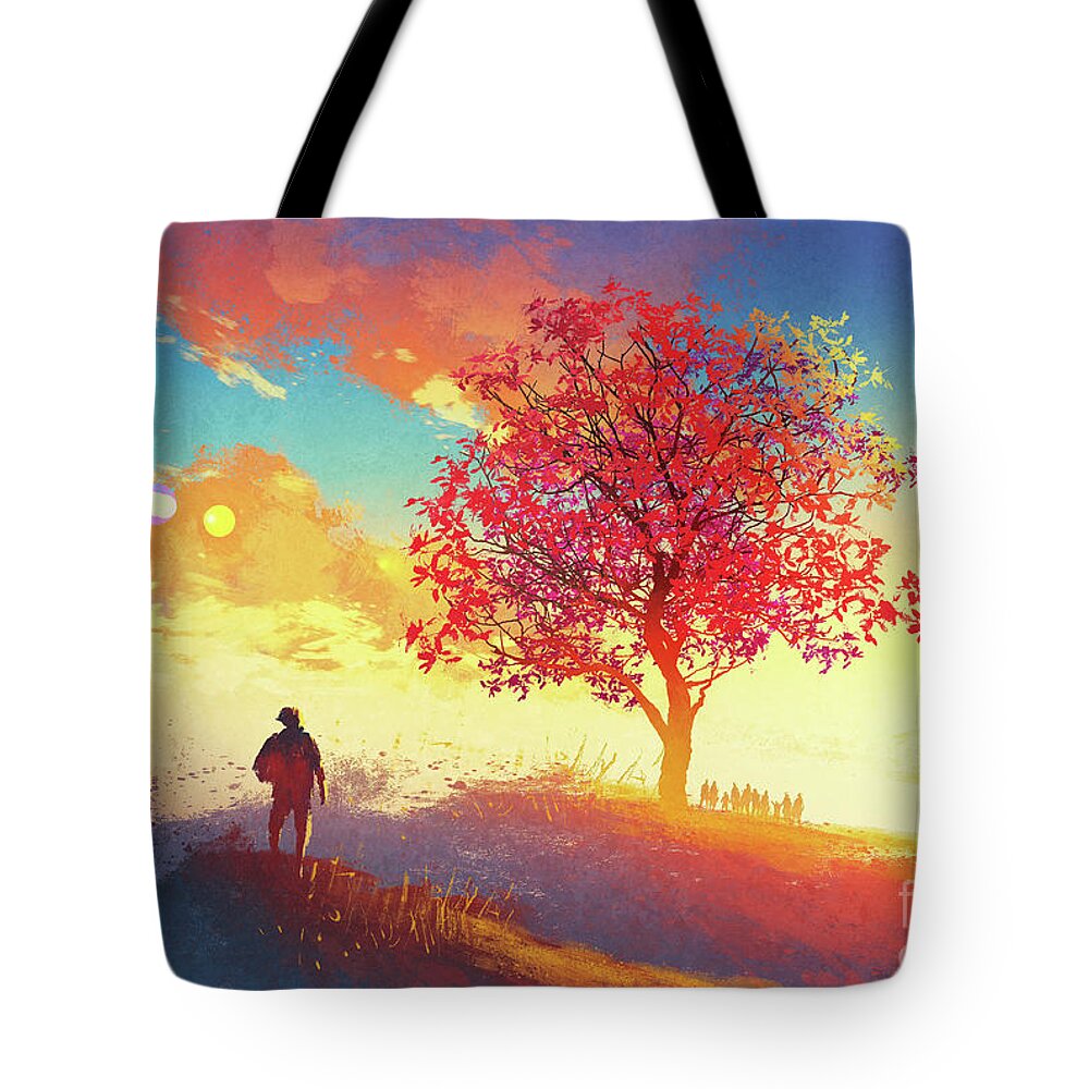 Abstract Tote Bag featuring the painting Autumn Sunrise by Tithi Luadthong