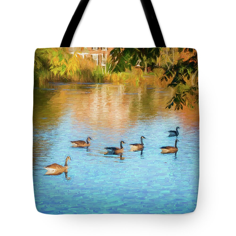Geese Tote Bag featuring the photograph Autumn Swim by Cathy Kovarik