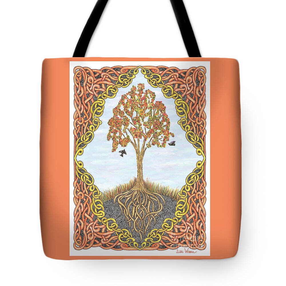 Lise Winne Tote Bag featuring the drawing Autumn Tree with Knotted Roots and Knotted Border by Lise Winne