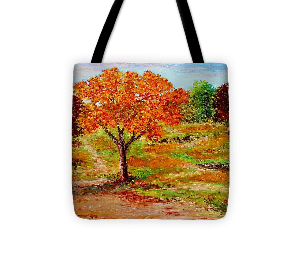 Landscapes Canvas Prints Originals Impressionism Pathways Acrylic On Canvastrees Tote Bag featuring the painting Autumn trees by Konstantinos Charalampopoulos
