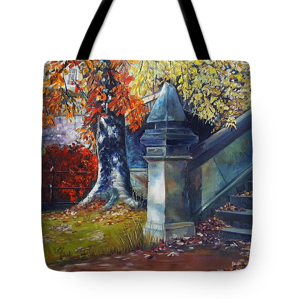 Fall Tote Bag featuring the painting Autumn under the Bridge by Connie Rish
