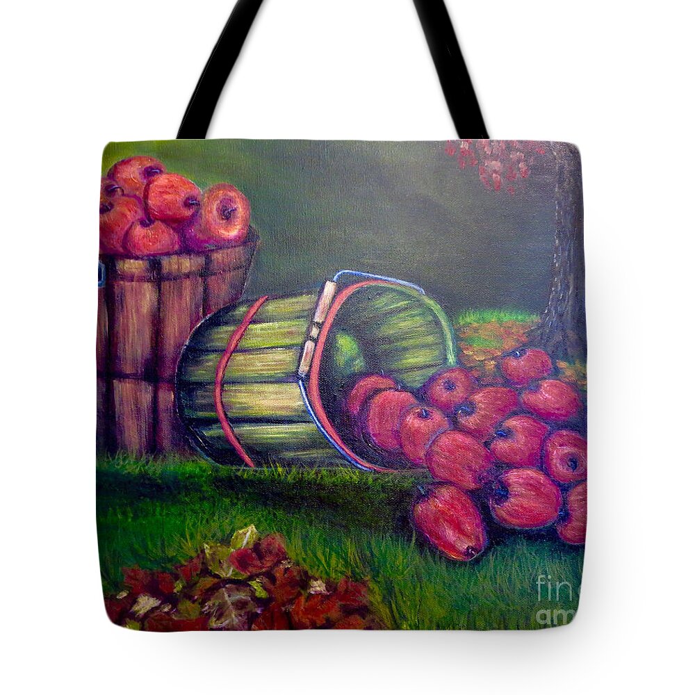 Red Delicious Apples Freshly Picked And In Two Old Fashioned Or Vintage Wooden Buckets Apples Falling Out Of The Green Bucket Onto The Grass Pile Of Leaves Freshly Racked On The Lawn Red Maple Tree With Turning Leaves In Background Dynamic Still Life Scene Acrylic Tote Bag featuring the painting Autumn's Bounty in Tennessee by Kimberlee Baxter