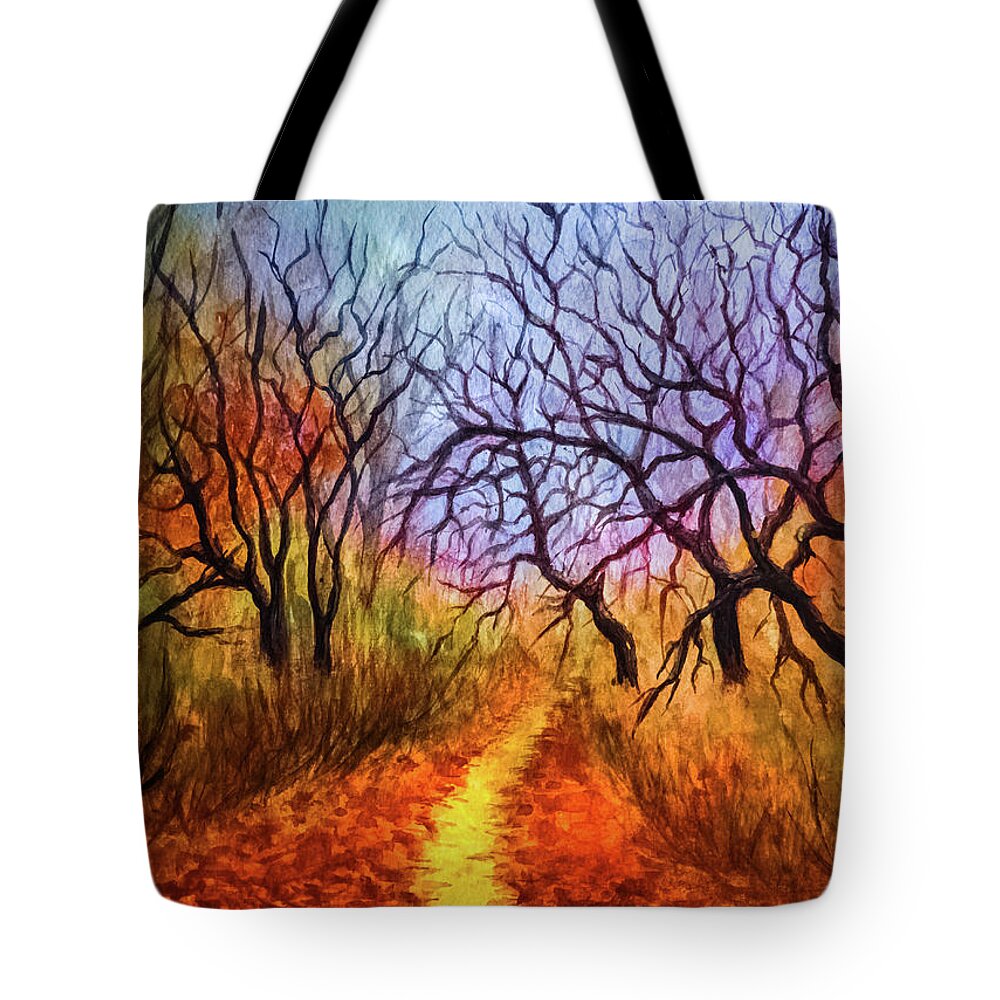 Autumn Landscape Tote Bag featuring the painting Autumn's Secret Path by Lilia D
