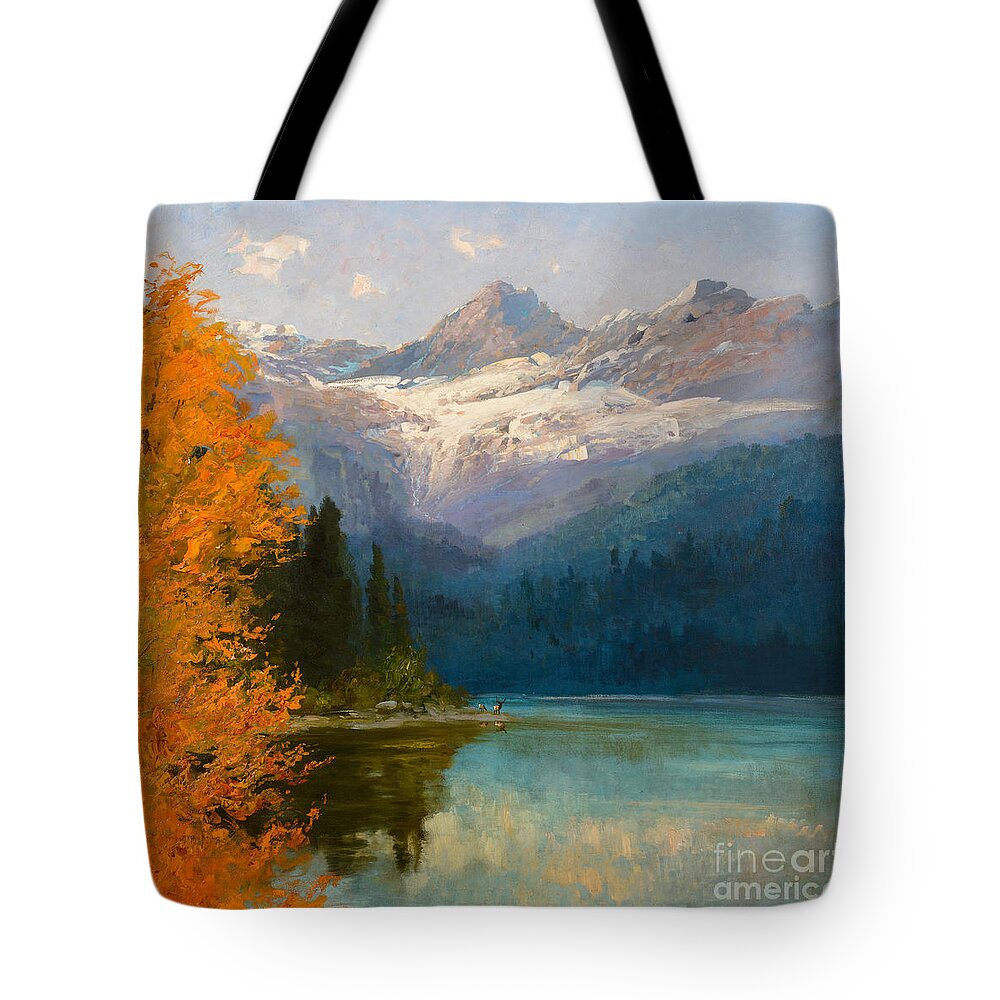 John Fery (1859-1934) Avalanche Lake. Botticelli Tote Bag featuring the painting Avalanche Lake by MotionAge Designs