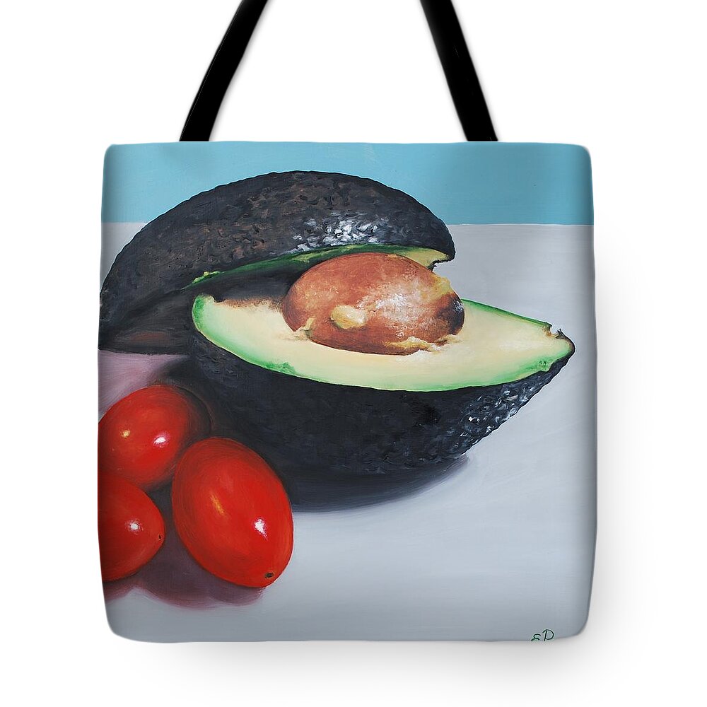 Realism Tote Bag featuring the painting Avocado and Cherry Tomatoes by Emily Page