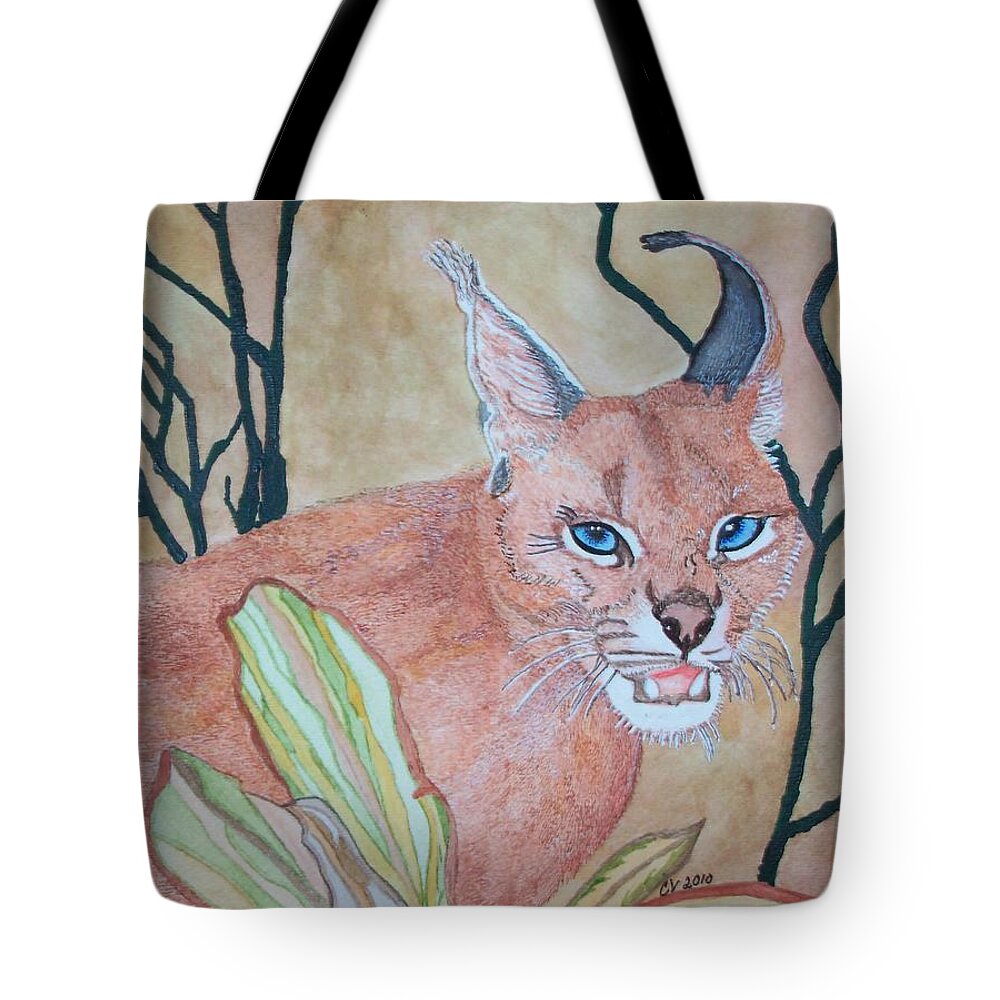 Caracal Golden Cat Tote Bag featuring the painting Awaiting Your Mistake by Connie Valasco
