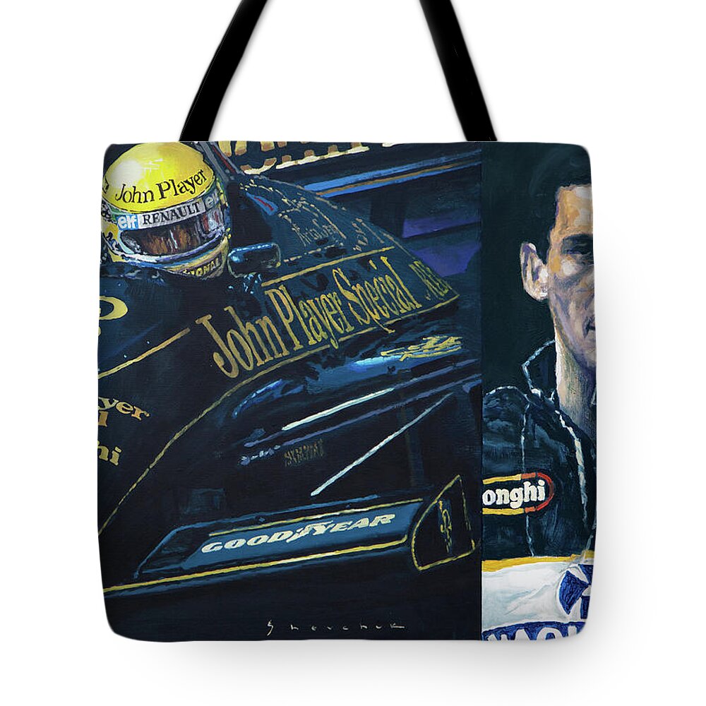 Shevchukart Tote Bag featuring the painting Ayrton Senna Lotus 98 T1986 Diptych by Yuriy Shevchuk